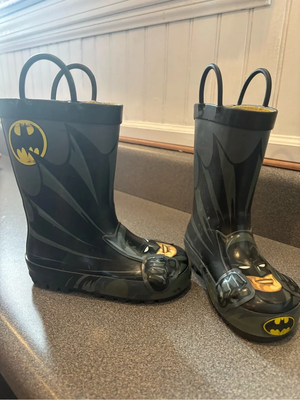Western Chief Black Batman Kids Rain Boots with Yellow Accents